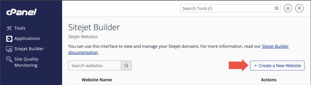 screenshot of arrow pointing to the + Create a New Website button